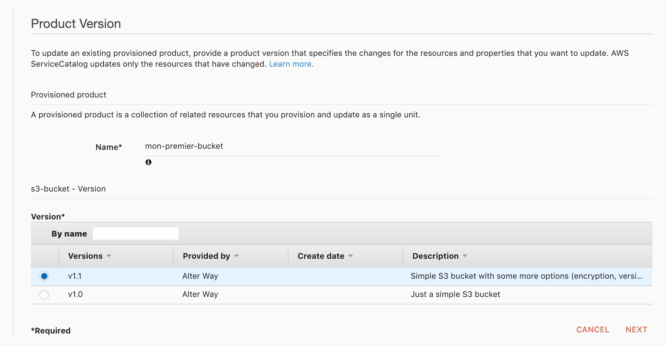 Service Catalog Choose new Version